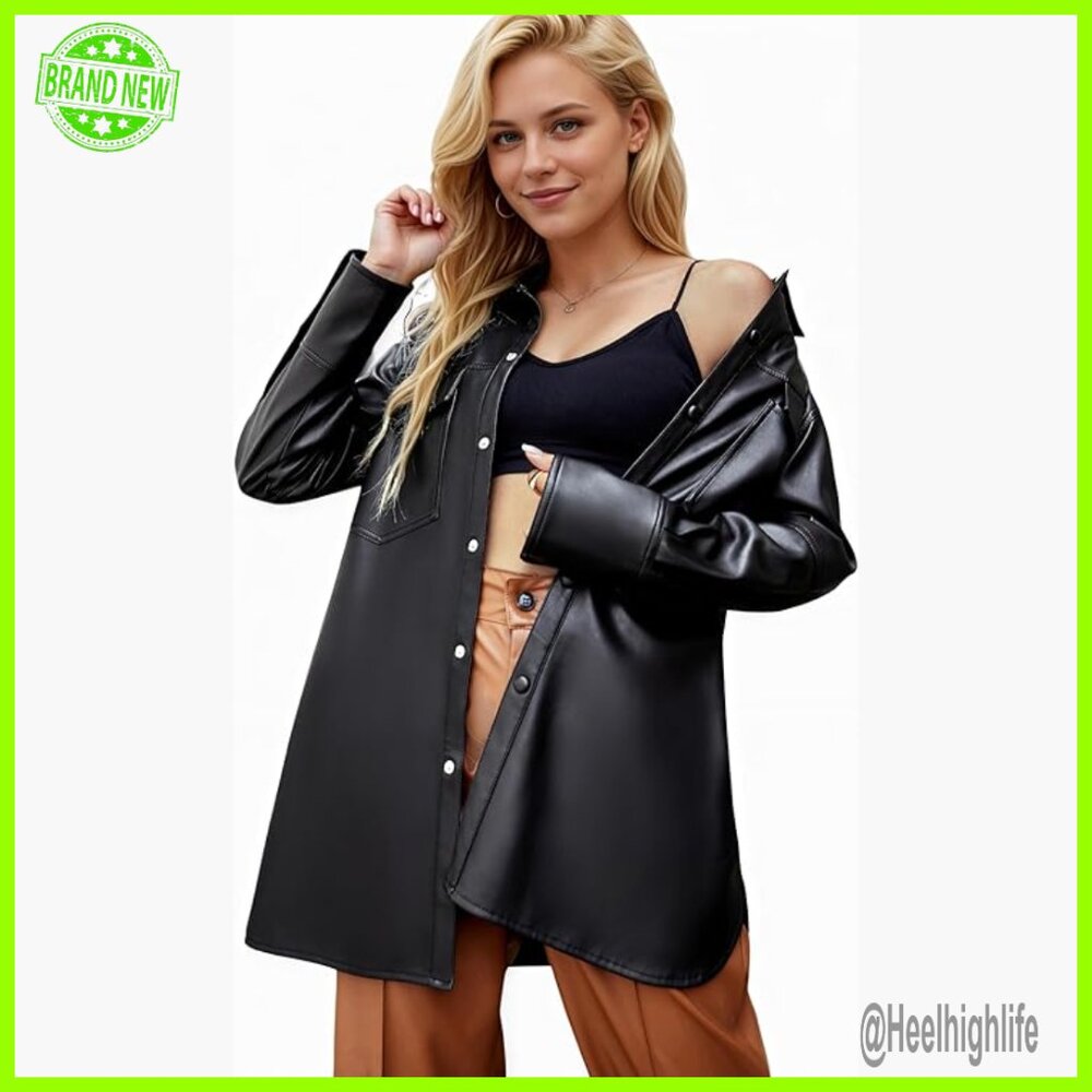 Faux Leather Shacket Jacket Button Down Lapel Lon… - image 1